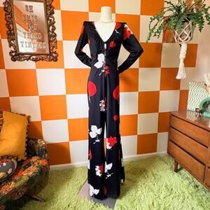 70s Vintage Black White and Red Floral Print Wide Flared Leg Jumpsuit